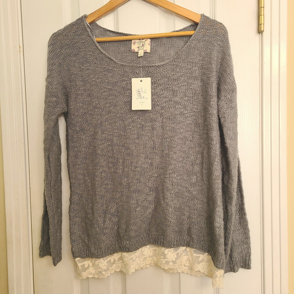 NWT Hippie Rose Gray Cream Lace Hem Sweater Open Knit Boat Neck Boho Size L